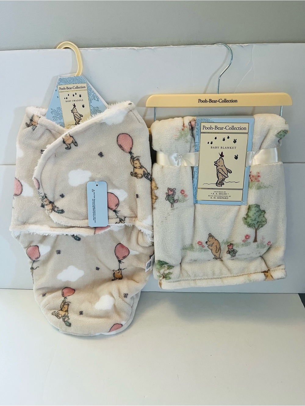 Winnie the Pooh Bear Collection Lot of 2 Baby Blanket Swaddle Balloons Flowers